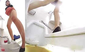 Mix of hot girls shitting in public bathroom