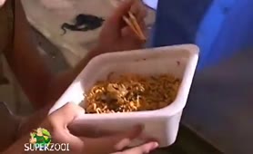 Forced to eat noodles with poop