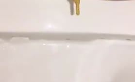 Hairy babe shits over toilet