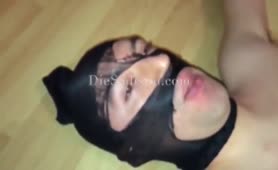 Feeding masked slave with a big pile of poop