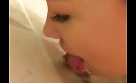 Lovely chubby babe poop licking in closeup