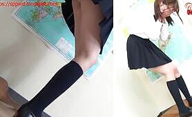 Japanese schoolgirl peeing in white panties