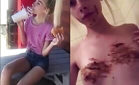 Small tits blonde girl smearing shit on her tits 