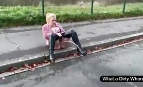 Sexy blonde gal pissing and pooping by the road side 