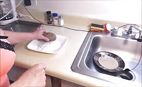 Curvy lady shits on pork chops