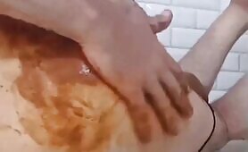 Blonde Woman Smears Shit on Her Ass in Bathroom