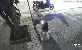 Asian Motorcycle Girl Pisses on a Stool in White Pants