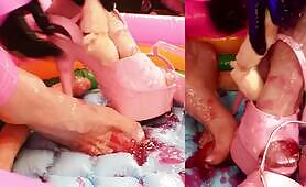 Blonde Squats in Pink High Heels and Pisses in Inflatable Pool
