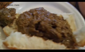Redhead Shits into a Bread Bun on a Plate in Kitchen